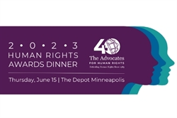 [ai] Banner for the 2023 Human Rights Awards Dinner hosted by The Advocates for Human Rights. Features event details including date, location, and a graphic of two human profiles in blue and turquoise.